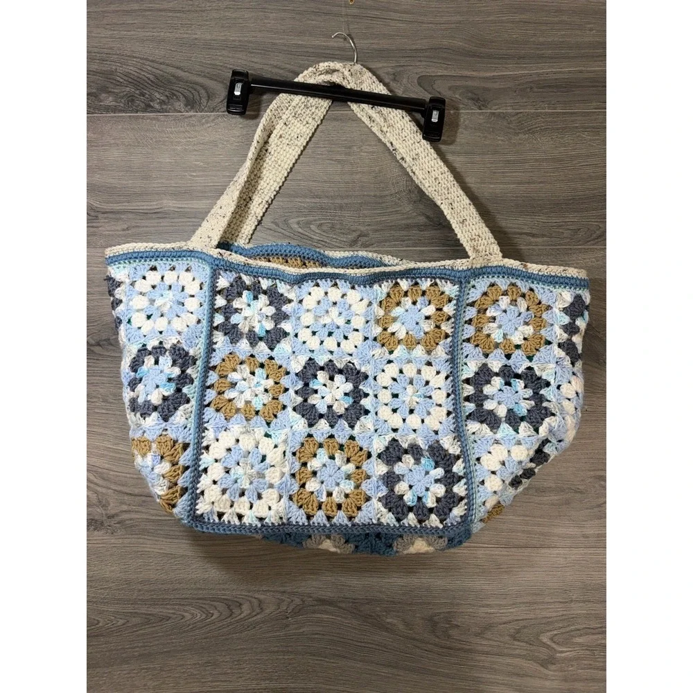 Handmade Crochet Granny Square Large Reversible Tote Bag Boho Hippie Blue Brown